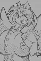 Size: 872x1280 | Tagged: anthro, anthro oc, artist:mastergodai, big breasts, blushing, braid, breasts, clipboard, derpibooru import, female, huge breasts, monochrome, nurse outfit, oc, oc:milk drop, pegasus, suggestive, unofficial characters only, wings, wink