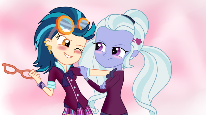 Size: 1427x797 | Tagged: safe, artist:noahther, derpibooru import, indigo zap, sugarcoat, equestria girls, friendship games, blushing, clothes, crystal prep academy, crystal prep shadowbolts, cute, female, glasses, goggles, lesbian, pigtails, school uniform, shipping, skirt, sugarzap, wink, wristband