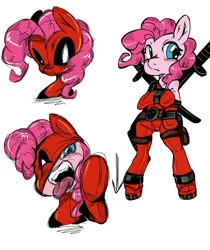 Size: 1653x1968 | Tagged: safe, artist:umabun, derpibooru import, pinkie pie, pony, bipedal, deadpool, marvel, pixiv, solo, sword, tongue out