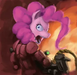 Size: 2999x2932 | Tagged: angry, angry pie, anthro, armor, artist:redustheriotact, derpibooru import, fire, gun, looking back, machine gun, pinkie pie, rage face, safe, science fiction, solo, war face