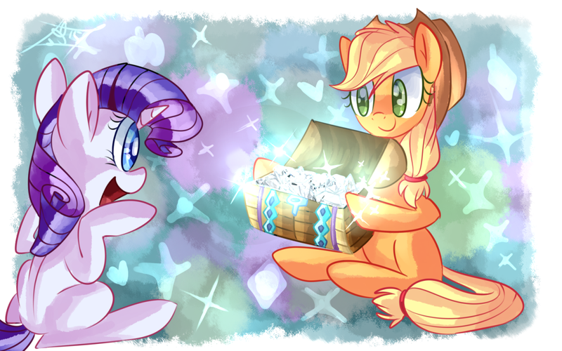 Size: 1280x800 | Tagged: applejack, artist:tamoqu, derpibooru import, diamond, duo, gem, rarity, safe, style emulation, treasure chest, whitediamonds-ish