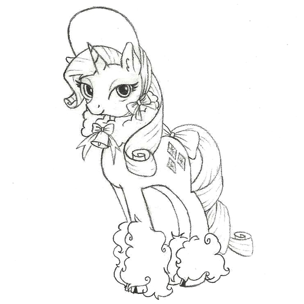 Size: 745x745 | Tagged: safe, artist:arkeindzel, derpibooru import, rarity, hybrid, sheep, bell, bell collar, bonnet, bow, cloven hooves, collar, monochrome, solo, tail bow, traditional art, unshorn fetlocks