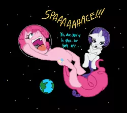 Size: 499x445 | Tagged: artist needed, safe, derpibooru import, pinkie pie, rarity, earth, helmet, planet, portal 2, spaaaaaace, space, stars