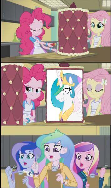 Size: 604x1022 | Tagged: safe, derpibooru import, fluttershy, pinkie pie, princess cadance, princess celestia, princess luna, pony, princess molestia, equestria girls, friendship games, cake, dean cadance, exploitable meme, fork, human ponidox, inside the cake meme, meme, principal celestia, self ponidox, vice principal luna