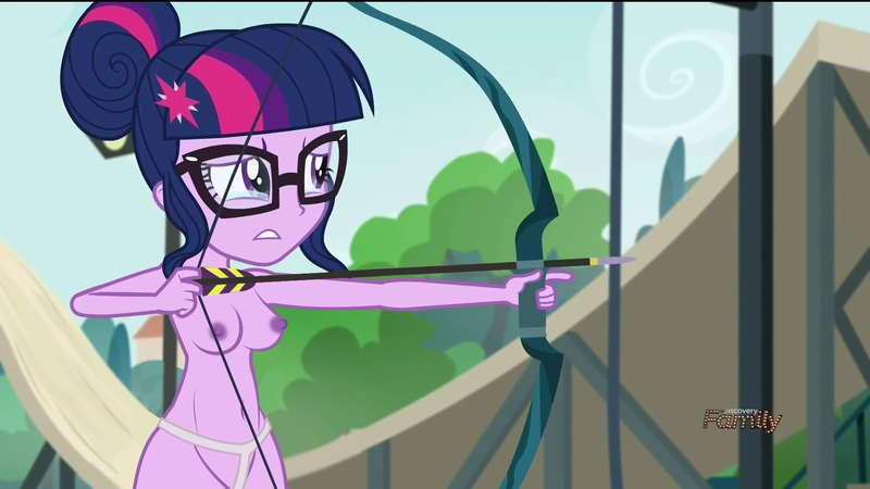 Size: 1920x1080 | Tagged: questionable, derpibooru import, edit, edited edit, edited screencap, editor:slayerbvc, screencap, sci-twi, twilight sparkle, human, equestria girls, friendship games, arrow, belly button, bow, bow (weapon), bow and arrow, breast edit, breasts, clothes, crying, female, glasses, gritted teeth, nipples, nude edit, nudity, partial nudity, partial nudity edit, solo, solo female, topless, topless edit, tree, underwear