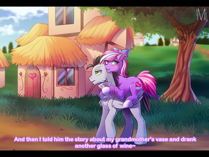 Size: 1500x1126 | Tagged: artist:margony, carrying, derpibooru import, glass, oc, ponies riding ponies, ponyville, safe, scenery, tree, unofficial characters only