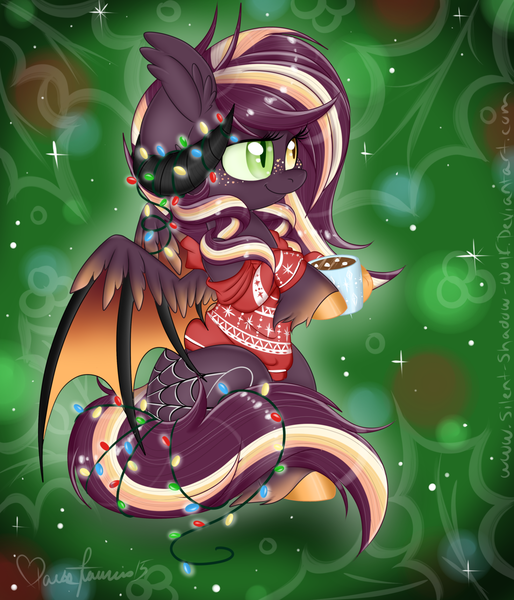 Size: 1024x1195 | Tagged: safe, artist:silent-shadow-wolf, derpibooru import, oc, oc:samhain, unofficial characters only, bat pony, pony, clothes, hot chocolate, mug, solo