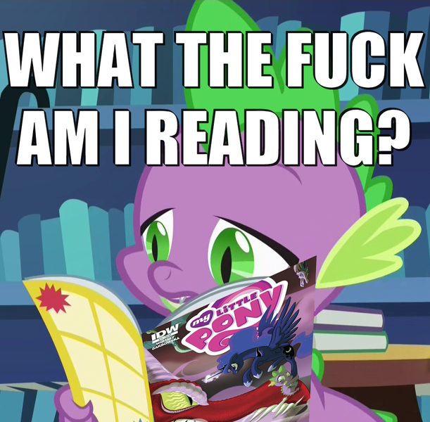 Size: 1092x1073 | Tagged: 4chan, archie comics, artist:brendahickey, basil, comic, derpibooru import, dragon, edit, idw, image macro, in-universe brony, irony, made in manehattan, meme, /mlp/, mouthpiece, princess luna, reaction image, safe, screencap, spike, take that, vulgar, what the fuck am i reading