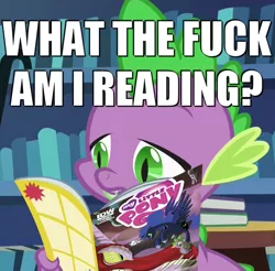 Size: 1092x1073 | Tagged: 4chan, archie comics, artist:brendahickey, basil, comic, derpibooru import, dragon, edit, idw, image macro, in-universe brony, irony, made in manehattan, meme, /mlp/, mouthpiece, princess luna, reaction image, safe, screencap, spike, take that, vulgar, what the fuck am i reading