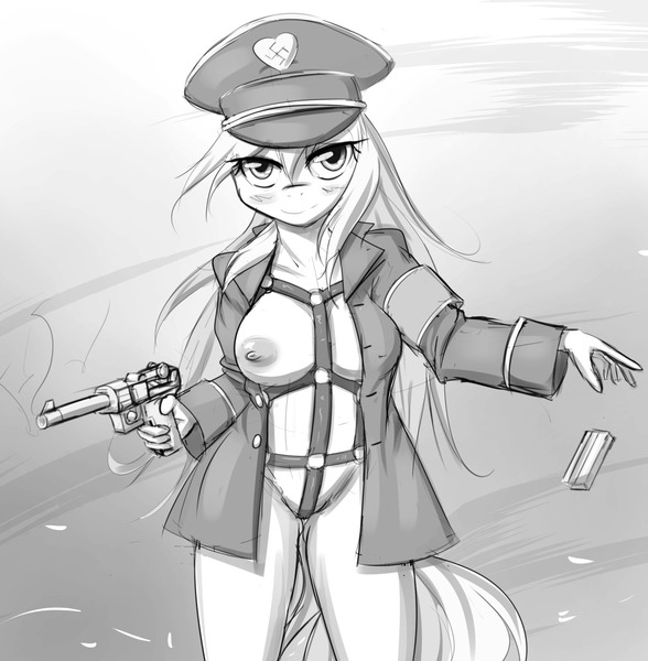 Size: 1280x1306 | Tagged: ammunition, anthro, armband, artist:randy, aryan pony, black and white, blushing, bondage, breasts, clothes, coat, derpibooru import, female, grayscale, gun, hat, heart, leather, looking at you, luger, magazine, monochrome, nazi, nipples, no trigger discipline, nudity, oc, oc:aryanne, officer, outline, questionable, reloading, schutzstaffel, smiling, smoke, solo, solo female, standing, straps, swastika, unofficial characters only