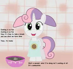 Size: 1886x1796 | Tagged: apron, artist:birdco, azumanga daioh, bowl, bread, clothes, crossover, cute, derpibooru import, diasweetes, food, liquid toast, mihama chiyo, parody, safe, solo, sweetie belle, sweetie belle can't cook, toast