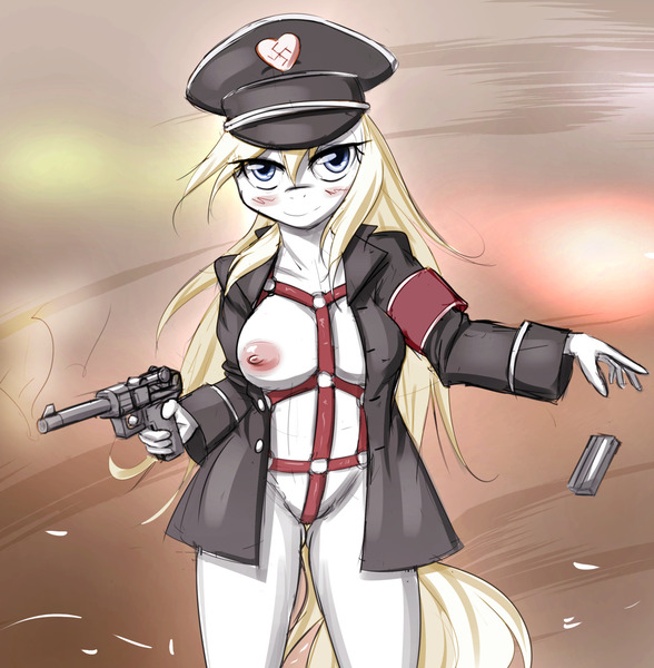 Size: 1280x1306 | Tagged: ammunition, anthro, armband, artist:aryanne, aryan pony, blushing, bondage, breasts, clothes, coat, derpibooru import, female, gun, hat, heart, leather, looking at you, luger, magazine, nazi, nipples, no trigger discipline, nudity, oc, oc:aryanne, officer, questionable, reloading, schutzstaffel, smiling, smoke, solo, solo female, standing, straps, swastika, unofficial characters only