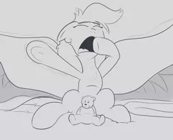 Size: 1024x832 | Tagged: artist:cosmonaut, derpibooru import, eyes closed, monochrome, rainbow dash, safe, sleepy, solo, strategically covered, underhoof, waking up, yawn