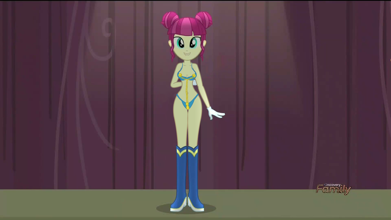 Size: 1920x1080 | Tagged: suggestive, derpibooru import, edit, edited screencap, screencap, majorette, sweeten sour, equestria girls, friendship games, background human, belly button, boots, breast edit, breasts, busty sweeten sour, cleavage, clothes, female, shoes, solo, solo female, suika sour, underwear, underwear edit