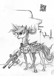 Size: 500x704 | Tagged: safe, artist:adeptus-monitus, derpibooru import, princess luna, alicorn, pony, alternate hairstyle, ar2, belt, clothes, glowing horn, half-life, half-life 2, levitation, looking at you, magic, monochrome, pulse rifle, rebel, scanner, telekinesis, utility belt, vest, weapon, wings