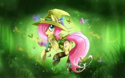 Size: 2520x1575 | Tagged: safe, artist:malifikyse, derpibooru import, fluttershy, butterfly, pegasus, pony, clothes, grass, green background, plot, simple background, socks, solo, sparkles, striped socks, witch