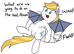 Size: 1083x797 | Tagged: safe, artist:lux, derpibooru import, oc, oc:florence, unofficial characters only, bat pony, pony, dialogue, lying down, on back, pillow, simple background, solo, wah, what are we gonna do on the bed?, white background