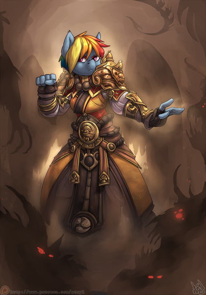 Size: 840x1200 | Tagged: anthro, armor, artist:atryl, clothes, crossover, derpibooru import, diablo, diablo 3, fist, monk, rainbow dash, safe, signature, solo