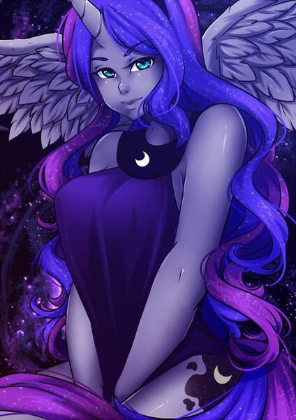 Size: 678x960 | Tagged: artist:kirael-art, big breasts, breasts, busty princess luna, derpibooru import, female, horned humanization, human, humanized, pony coloring, princess luna, safe, solo, spread wings, winged humanization