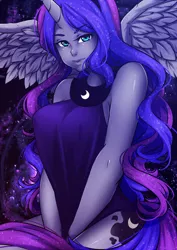 Size: 678x960 | Tagged: artist:kirael-art, big breasts, breasts, busty princess luna, derpibooru import, female, horned humanization, human, humanized, pony coloring, princess luna, safe, solo, spread wings, winged humanization