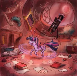 Size: 1000x989 | Tagged: safe, artist:king-kakapo, derpibooru import, twilight sparkle, pony, unicorn, blood moon, book, eclipse, female, golden oaks library, lunar eclipse, mare, messy, messy mane, moon, open mouth, panic, plewds, question mark, running, solo, spinning, sweat, telescope, twilight snapple, twilighting, wide eyes