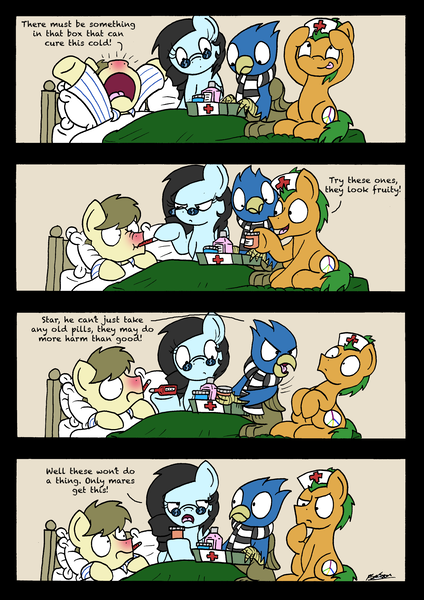 Size: 2480x3507 | Tagged: safe, artist:bobthedalek, derpibooru import, oc, oc:kettle master, oc:star peace, oc:tilly towell, unofficial characters only, earth pony, gryphon, pony, bed, caring for the sick, cold, comic, eyeroll, frown, glare, glasses, grumpy, medicine, nose wrinkle, raised eyebrow, red nosed, sick, sitting, thinking, wide eyes