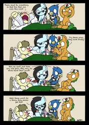 Size: 2480x3507 | Tagged: safe, artist:bobthedalek, derpibooru import, oc, oc:kettle master, oc:star peace, oc:tilly towell, unofficial characters only, earth pony, gryphon, pony, bed, caring for the sick, cold, comic, eyeroll, frown, glare, glasses, grumpy, medicine, nose wrinkle, raised eyebrow, red nosed, sick, sitting, thinking, wide eyes