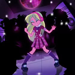 Size: 1024x1024 | Tagged: safe, artist:radiantrealm, derpibooru import, lemon zest, equestria girls, friendship games, bowtie, clothes, crystal prep academy, crystal prep academy uniform, crystal prep shadowbolts, cute, dancing, disco ball, eyes closed, fist, headphones, plaid skirt, pleated skirt, rave, school uniform, shoes, show accurate, skirt, socks, solo