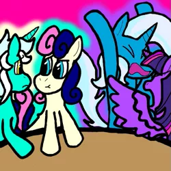 Size: 511x510 | Tagged: safe, artist:dragonpone, derpibooru import, bon bon, lyra heartstrings, sweetie drops, trixie, twilight sparkle, twilight sparkle (alicorn), alicorn, pony, :t, angry, argument, date, eyes closed, female, lesbian, looking at each other, lyrabon, mare, open mouth, pink background, shipping, simple background, spread wings, table, twixie