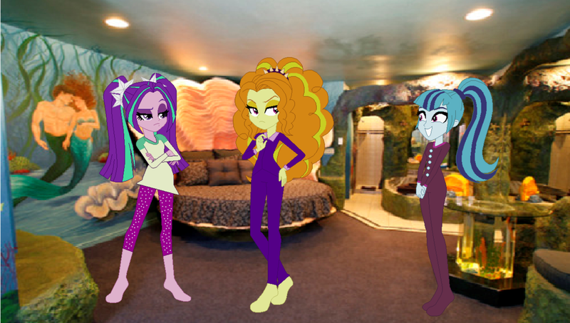 Size: 1024x580 | Tagged: safe, artist:angieangel555onutube, derpibooru import, adagio dazzle, aria blaze, sonata dusk, mermaid, equestria girls, rainbow rocks, adagio is not amused, aquarium, bed, clothes, equestria girls in real life, footed sleeper, giant clam, no toes, pajamas, the dazzlings