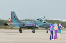 Size: 1050x692 | Tagged: safe, derpibooru import, indigo zap, princess cadance, princess celestia, princess luna, fanfic, equestria girls, friendship games, dean cadance, equestria girls in real life, f-5 tiger ii, jet fighter, photoshop, principal celestia, vice principal luna