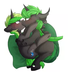 Size: 1453x1537 | Tagged: safe, artist:oddends, derpibooru import, oc, oc:azure slash, oc:ciardite, unofficial characters only, changeling, pony, unicorn, blushing, changeling oc, eye contact, gay, green changeling, hug, kissing, looking at each other, male