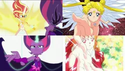 Size: 3842x2162 | Tagged: suggestive, derpibooru import, edit, edited screencap, screencap, princess serena, sci-twi, sunset shimmer, twilight sparkle, equestria girls, friendship games, barbie doll anatomy, breasts, chaos galaxia, clothes, comparison, daydream shimmer, dress, midnight sparkle, nudity, princess serena (sailor moon), redemption, sailor galaxia, sailor moon, sailor stars, skirt, winged human, wings