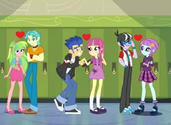 Size: 1024x748 | Tagged: safe, artist:themexicanpunisher, derpibooru import, brawly beats, flash sentry, lemon zest, ringo, sour sweet, sunny flare, equestria girls, friendship games, background human, canterlot high, clothes, dress, female, flash drive (band), high heels, male, mary janes, shipping, shoes, skirt, socks, sour sentry, straight