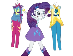 Size: 2745x2101 | Tagged: safe, artist:kehrminator, derpibooru import, rarity, equestria girls, friendship games, belt, boots, clothes, clothes hanger, grin, outfits, simple background, skirt, solo, transparent background, vector