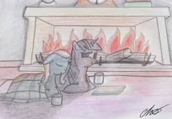 Size: 678x473 | Tagged: safe, artist:moonlightscribe, derpibooru import, trixie, twilight sparkle, pony, unicorn, female, fireplace, lesbian, mare, newbie artist training grounds, shipping, traditional art, twixie