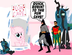 Size: 350x267 | Tagged: safe, derpibooru import, queen chrysalis, oc, oc:fluffle puff, batcave, batman, canon x oc, chrysipuff, crossover, female, fun cave, lesbian, plushie, robin, shipping