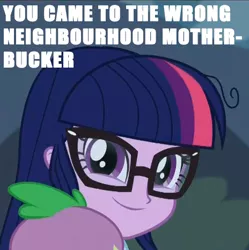 Size: 464x466 | Tagged: safe, derpibooru import, screencap, sci-twi, spike, spike the regular dog, twilight sparkle, dog, equestria girls, friendship games, faic, glasses, meme, offscreen character, twiface, wrong neighborhood