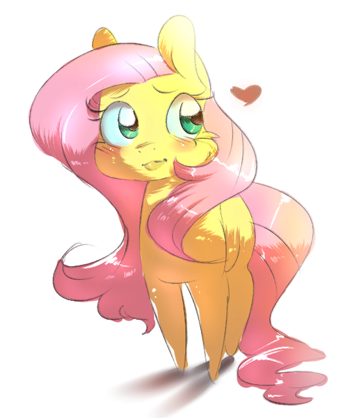 Size: 555x642 | Tagged: artist:lunarmarshmallow, blushing, derpibooru import, fluffy, fluttershy, heart, looking back, safe, simple background, smiling, solo, white background