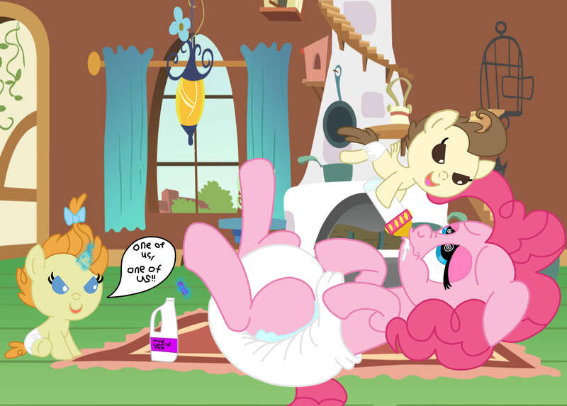 Size: 3525x2524 | Tagged: adult foal, alternate version, artist:insanespyro, cake twins, cute, derpibooru import, diaper, diaper fetish, mental regression, milk, mind control, pinkie pie, poofy diaper, pound cake, pumpkin cake, questionable