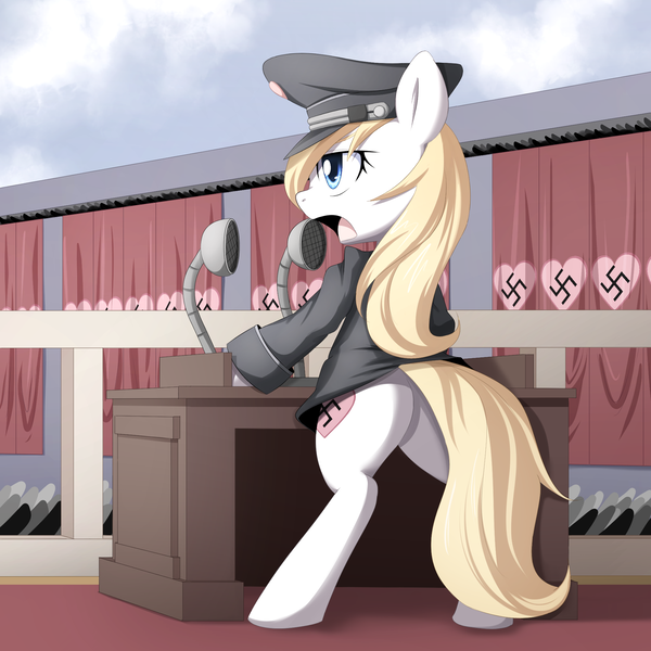 Size: 2000x2000 | Tagged: safe, artist:aryanne, derpibooru import, oc, oc:aryanne, unofficial characters only, earth pony, pony, adolf hitler, bipedal, blonde, bottomless, carpet, clothes, cloud, crowd, fascism, female, flag, führer, germany, hat, heart, heil, microphone, my little pony, nazi, plot, politics, reichstag, solo, speech, swastika, table, talking, uniform