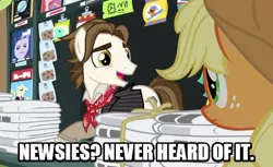 Size: 540x331 | Tagged: applejack, christian bale, derpibooru import, disney, fine print, image macro, made in manehattan, meme, musical, news flash, newsies, newspaper, newsstand, safe, screencap