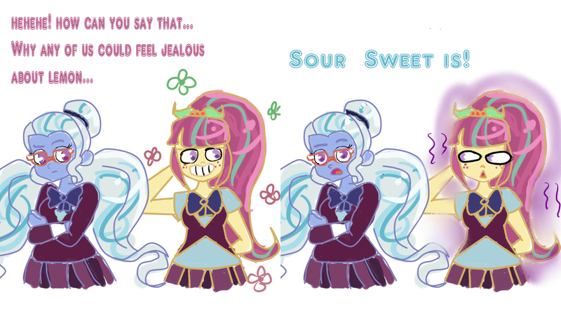 Size: 1520x901 | Tagged: safe, artist:pandanx12, derpibooru import, lemon zest, sour sweet, sugarcoat, ask the shadowbolts, equestria girls, friendship games, dialogue, jealous, looking at you