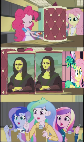 Size: 1912x3236 | Tagged: safe, derpibooru import, fluttershy, pinkie pie, princess cadance, princess celestia, princess luna, equestria girls, friendship games, make new friends but keep discord, dean cadance, exploitable meme, inside the cake meme, meme, we bought two cakes