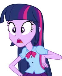 Size: 6720x8218 | Tagged: safe, artist:luckreza8, derpibooru import, twilight sparkle, twilight sparkle (alicorn), equestria girls, friendship games, .svg available, absurd resolution, bowtie, clothes, inkscape, offscreen character, open mouth, shocked, simple background, skirt, solo, transparent background, vector