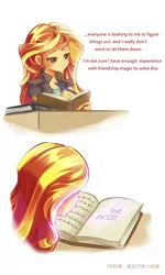 Size: 2835x4724 | Tagged: safe, artist:murasaki-to, derpibooru import, sunset shimmer, equestria girls, friendship games, book, iphone, journey book, pen, pixiv, solo, text message, writing