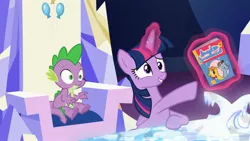 Size: 2048x1151 | Tagged: safe, derpibooru import, screencap, spike, twilight sparkle, twilight sparkle (alicorn), alicorn, pony, made in manehattan, animation error, archie, archie comics, comic book, female, frown, grin, jughead, magic, mare, pointing, sitting, smiling, telekinesis, wide eyes