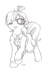 Size: 716x1086 | Tagged: safe, artist:i am nude, derpibooru import, moondancer, pony, unicorn, clothes, crossover, female, floppy ears, glasses, hair over one eye, mare, monochrome, school uniform, signature, simple background, skirt, solo, tomoko kuroki, watamote, white background