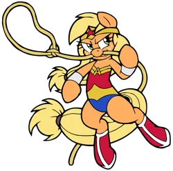 Size: 2841x2816 | Tagged: safe, artist:dfectivedvice, artist:edcom02, derpibooru import, applejack, pony, bipedal, crossover, dc comics, grin, lasso, lasso of truth, mouth hold, simple background, solo, superhero, transparent background, wonder woman, wonderjack