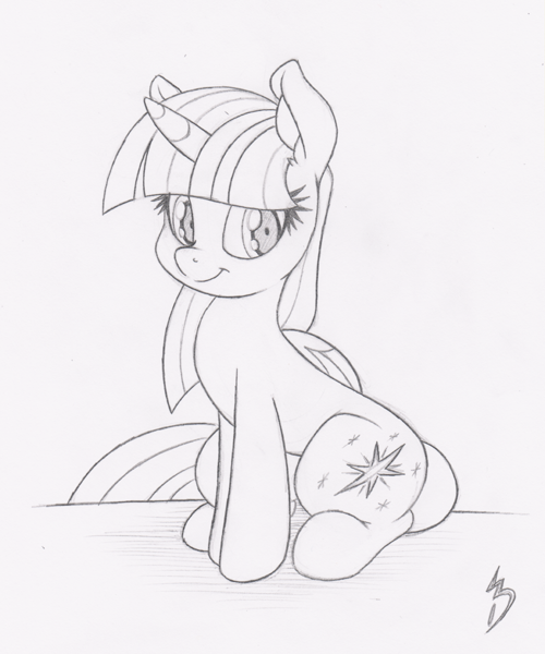 Size: 833x1000 | Tagged: safe, artist:dfectivedvice, derpibooru import, twilight sparkle, twilight sparkle (alicorn), alicorn, pony, female, grayscale, mare, monochrome, simple background, sitting, smiling, solo, traditional art